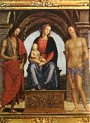 PERUGINO, Pietro Madonna Enthroned between St. John and St. Sebastian (detail) AF oil on canvas